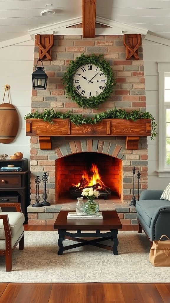 A cozy farmhouse living room featuring a brick fireplace with a fire, decorated mantel, and comfortable seating.