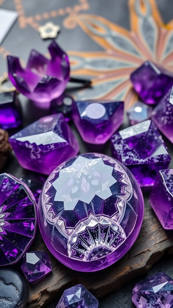 A collection of amethyst gemstones in various shapes and cuts on a dark background.