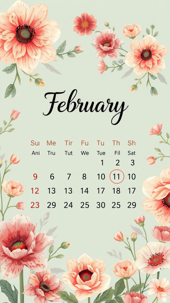 February calendar design featuring pink flowers and a simple layout.