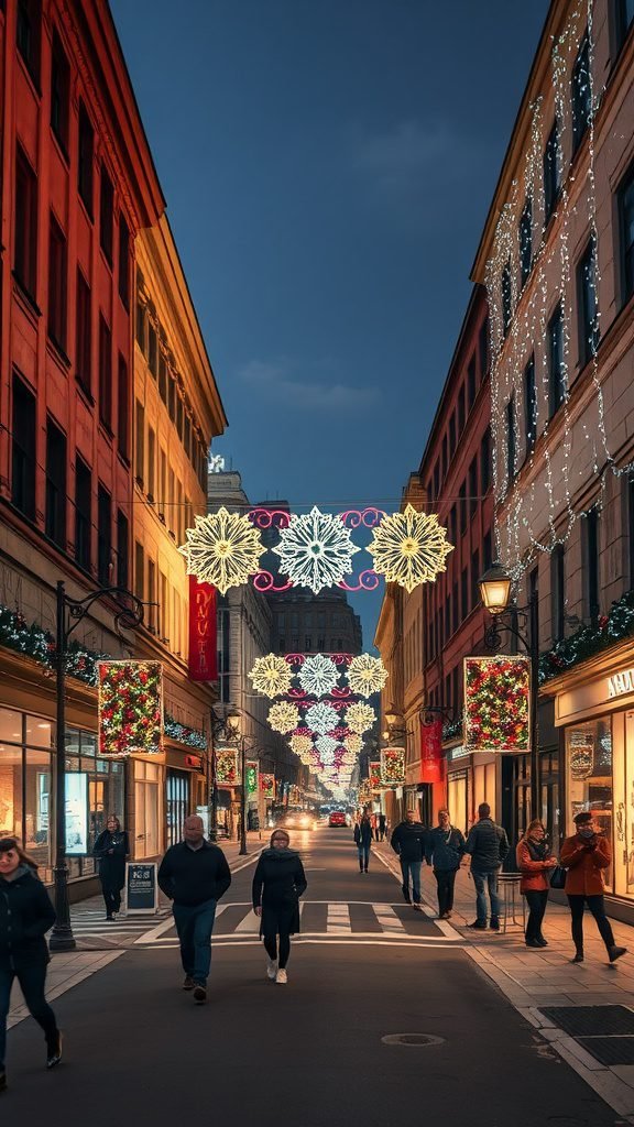 A busy city street illuminated with festive lights and decorations during a February evening.