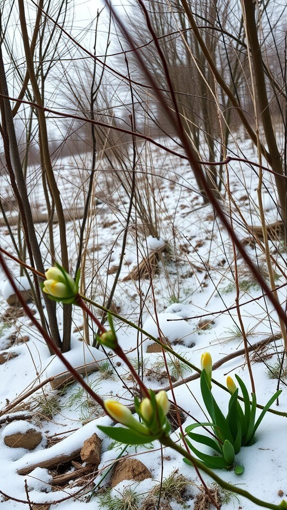 A winter scene with yellow buds and snow-covered ground, showcasing nature's transition in February.