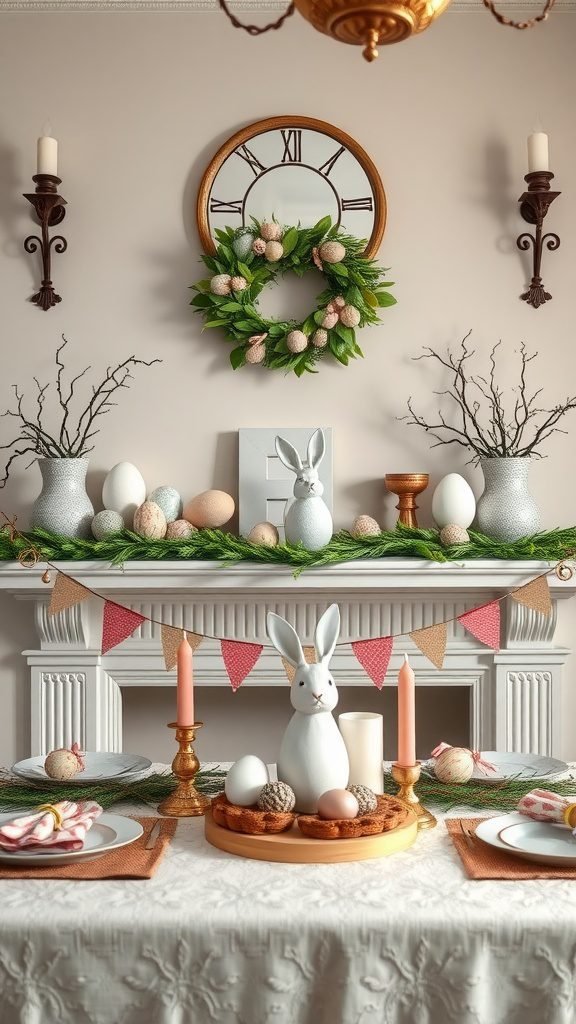 A festive Easter table setting with a white bunny, colorful eggs, candles, and greenery.