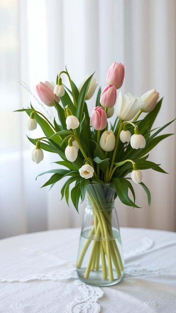 A bouquet of pink and white tulips with snowdrops arranged in a clear vase on a table.