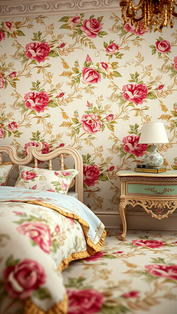 A Rococo bedroom featuring floral motifs and patterns on the walls and bedding.