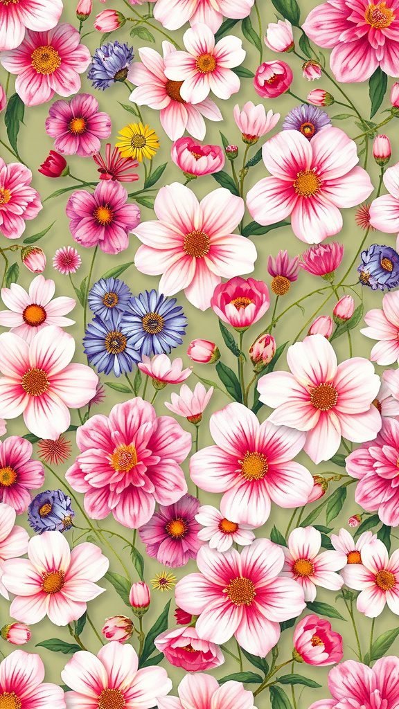 A vibrant floral wallpaper pattern featuring various flowers in pink, purple, and yellow on a green background.