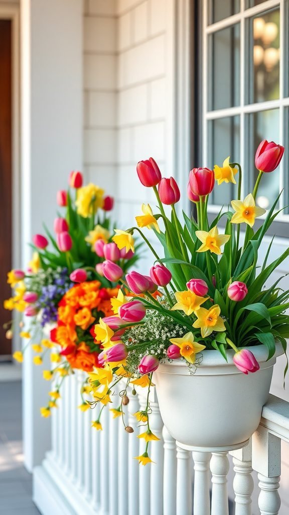 Colorful flower planters with pink tulips and yellow daffodils on a porch railing