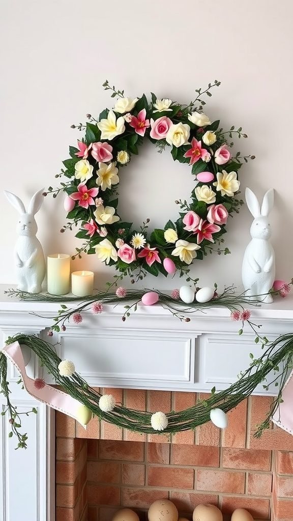 A floral wreath with pink, yellow, and white flowers and pastel eggs, displayed above a mantle with bunny figures and a decorative garland.