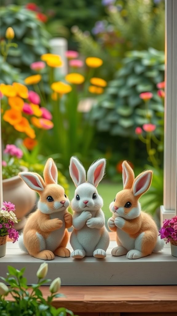 Three fluffy bunny figurines sitting on a window ledge with colorful flowers in the background