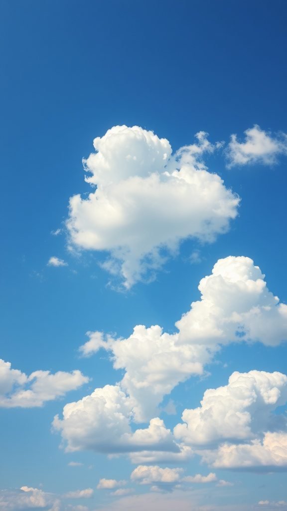 A clear blue sky with fluffy white clouds