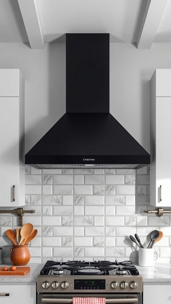 A modern kitchen with a black range hood and light tile background, showcasing utensils and a gas stove.