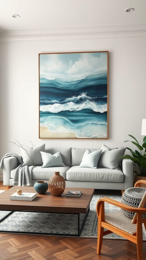 Coastal themed living room with ocean artwork, light sofa, and wooden furniture