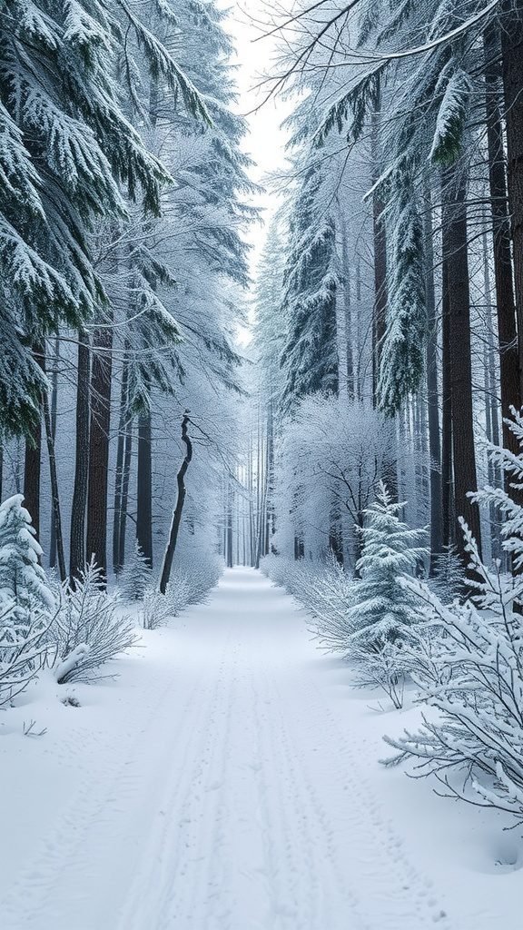 A snowy forest trail surrounded by tall trees with frost-covered branches. February Wallpaper