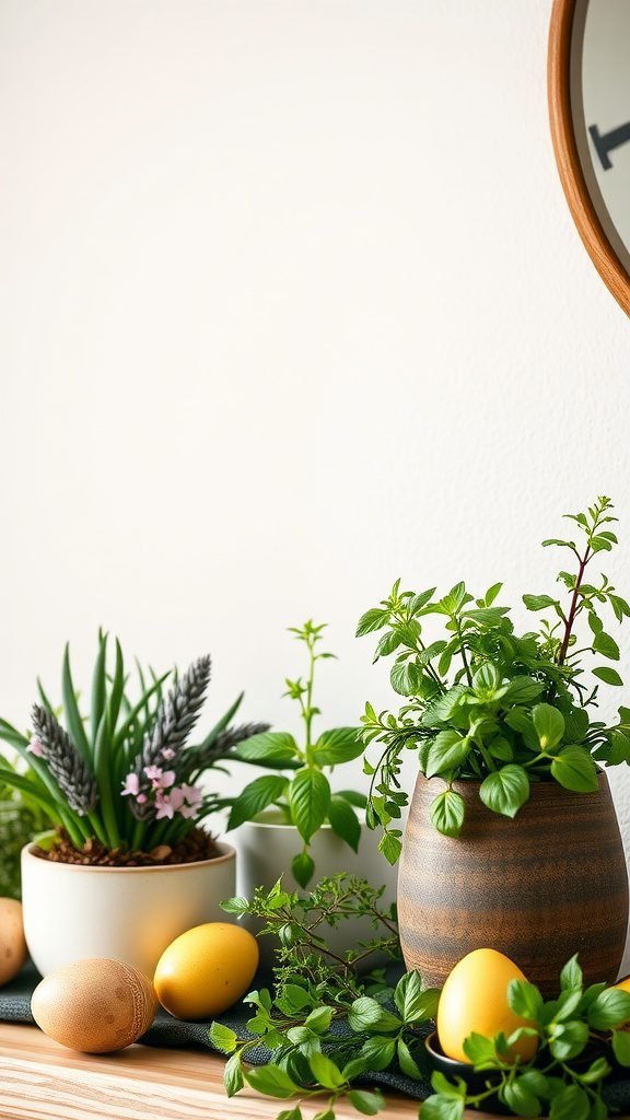 A decorative Easter mantle with fresh herbs in pots and yellow eggs.
