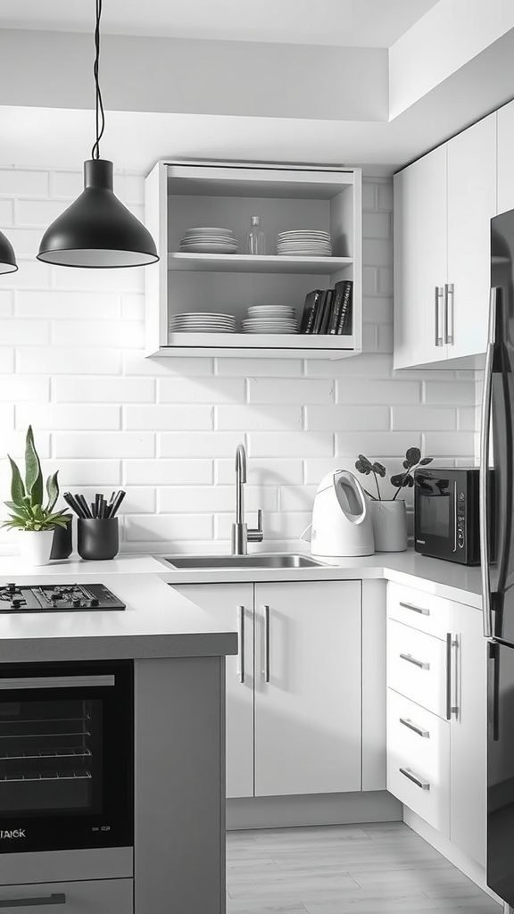 A modern black and white kitchen with sleek cabinets, pendant lights, and an organized workspace.