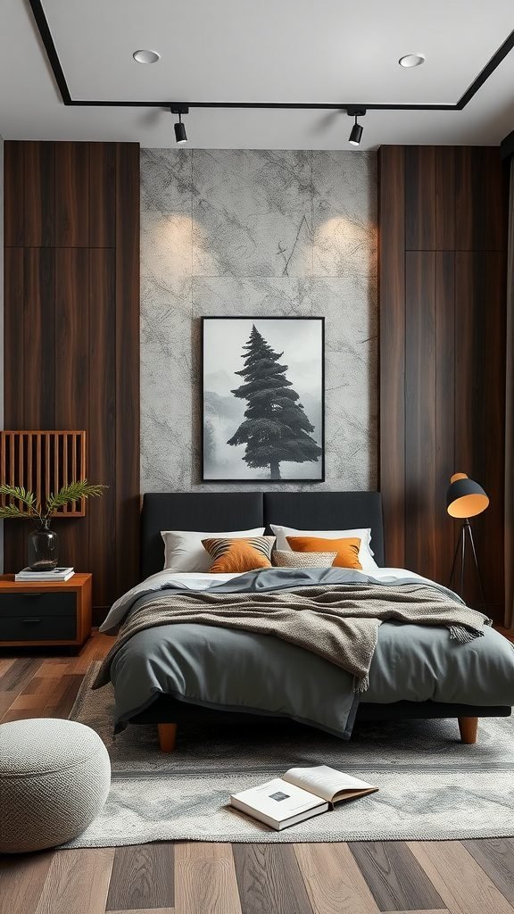 A dark earthy bedroom featuring a cozy bed, stylish nightstands, and functional storage solutions.