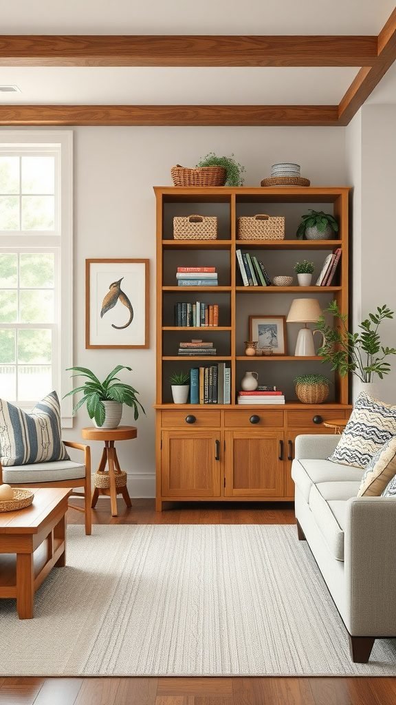 A cozy farmhouse living room with wooden storage solutions and plants