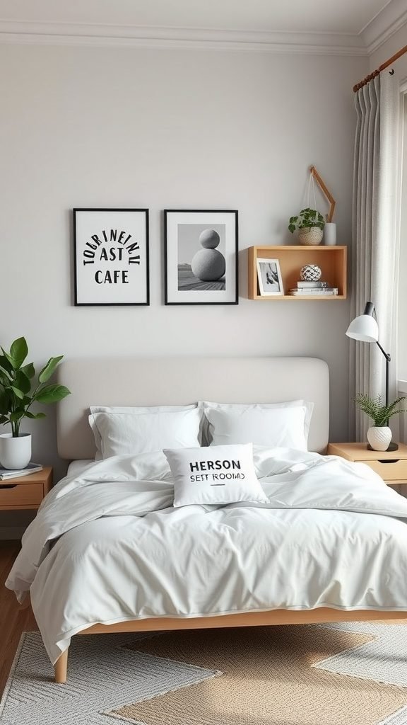Cozy dark earthy bedroom with wooden accents and white bedding