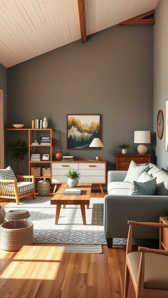 A stylish farmhouse living room with a cozy sofa, wooden coffee table, and open shelving.