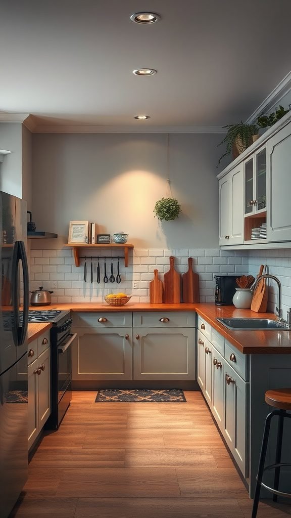 A stylish moody kitchen with wooden accents, open shelving, and modern appliances.