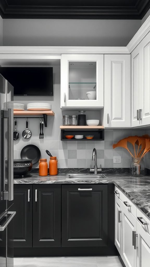 A stylish black and white kitchen with modern cabinets and organized shelves.