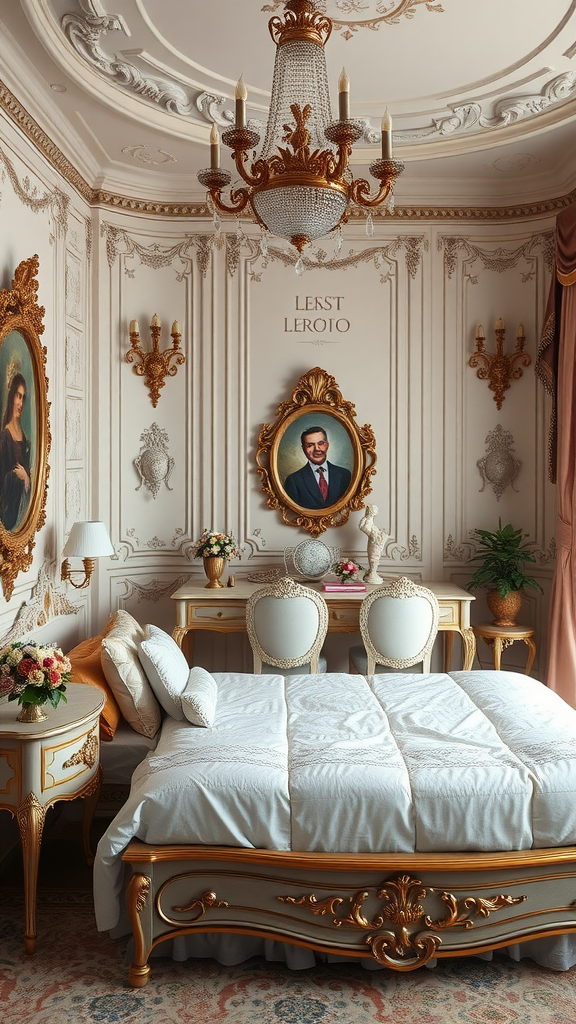 A beautifully decorated Rococo bedroom featuring an ornate chandelier, elegant furniture, and artistic portraits.