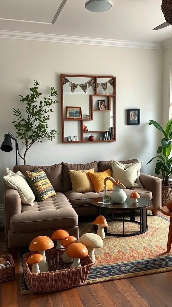 Cozy living room with a brown sofa, colorful pillows, and playful mushroom decorations.