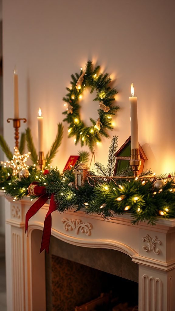 A beautifully decorated mantle for Easter with fairy lights, greenery, and decorative items.