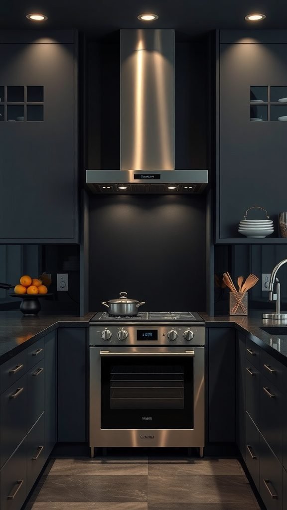 A modern kitchen with dark cabinetry and stainless steel appliances, featuring a stove and hood, accented by warm lighting and a bowl of oranges.
