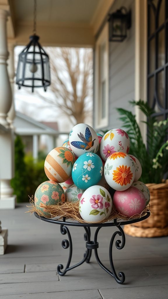 A collection of hand-painted eggs displayed on a decorative stand, surrounded by straw, on a porch