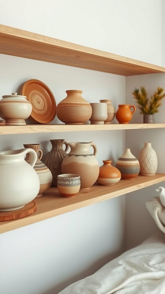 A collection of handcrafted pottery on wooden shelves in a dark earthy bedroom.