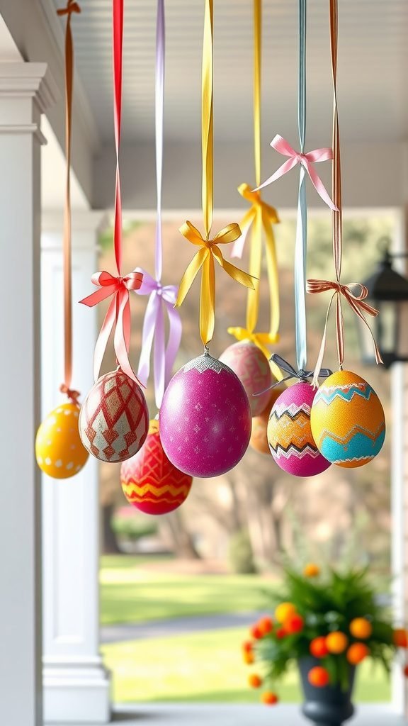 Colorful hanging egg decorations with ribbons on a porch