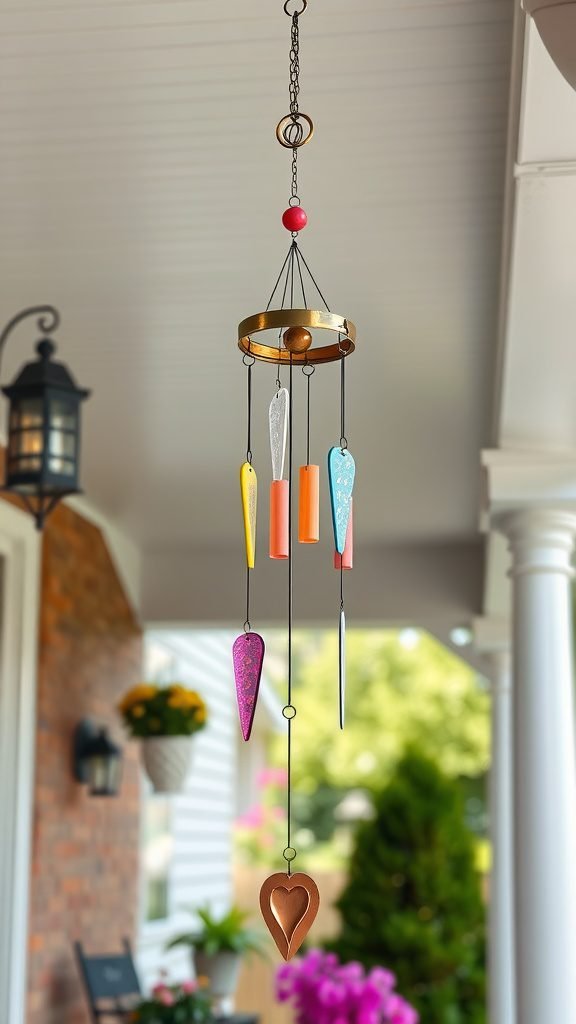 Colorful wind chimes hanging on a porch with flowers in the background