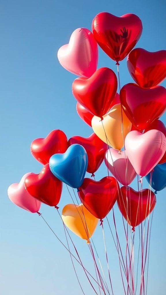 A cluster of heart-shaped balloons in red, pink, and blue floating against a clear blue sky.