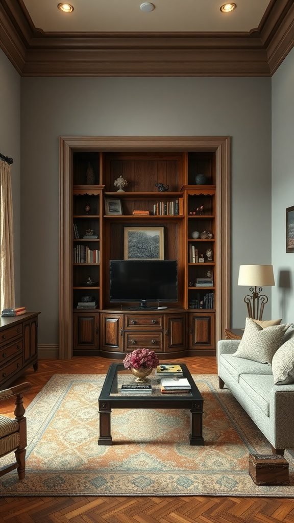 A cozy goblincore living room featuring a wooden shelving unit, plush sofa, and a coffee table with flowers.