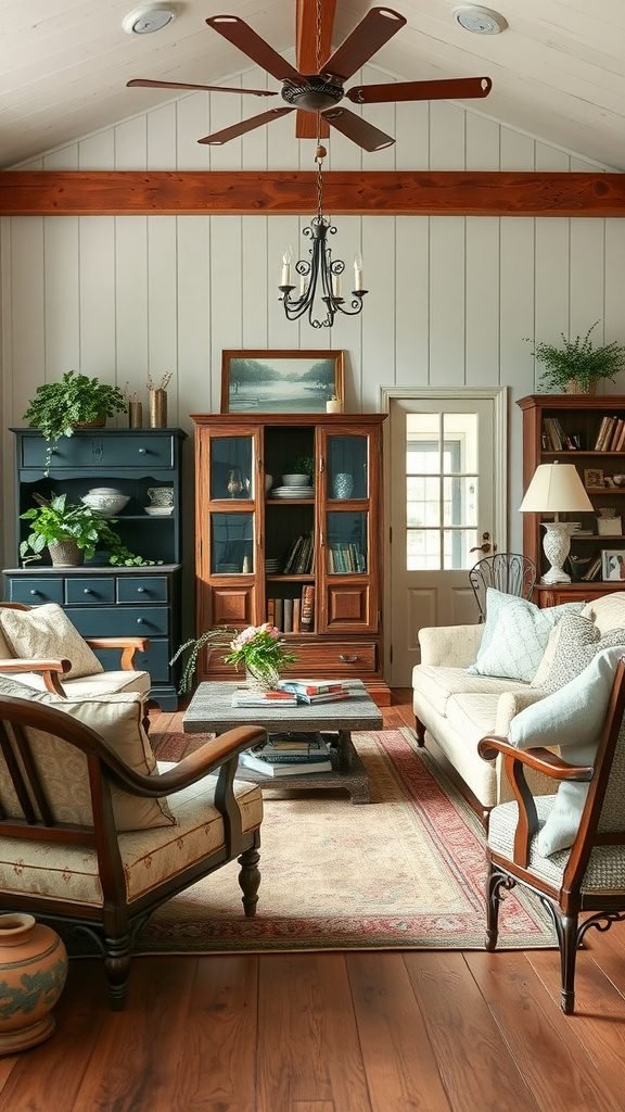 A cozy farmhouse living room featuring antique furniture, including a wooden coffee table, vintage chairs, and a bookcase.