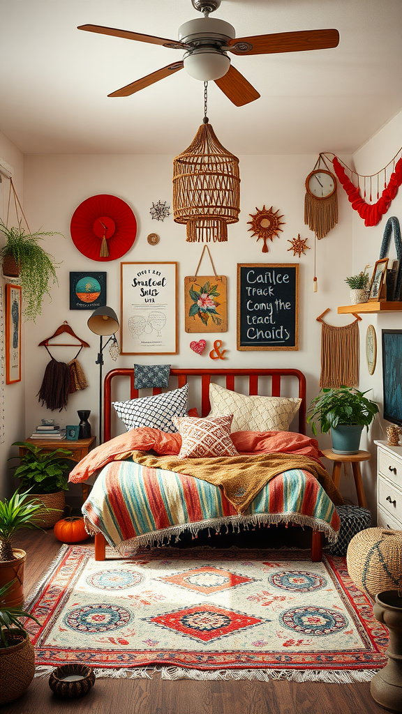 A vibrant and eclectic boho bedroom featuring colorful textiles, wall art, plants, and a cozy atmosphere.