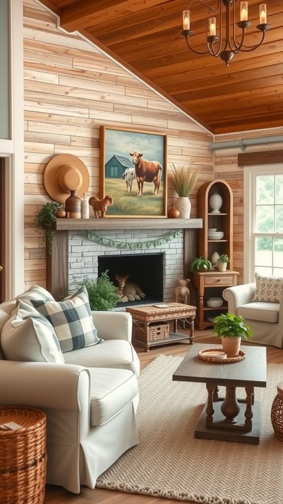 Cozy farmhouse living room with wooden walls, a fireplace, and farm-themed decor.