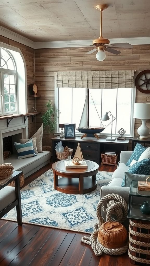 A cozy coastal living room featuring nautical decor, wooden walls, and beach-themed accessories.