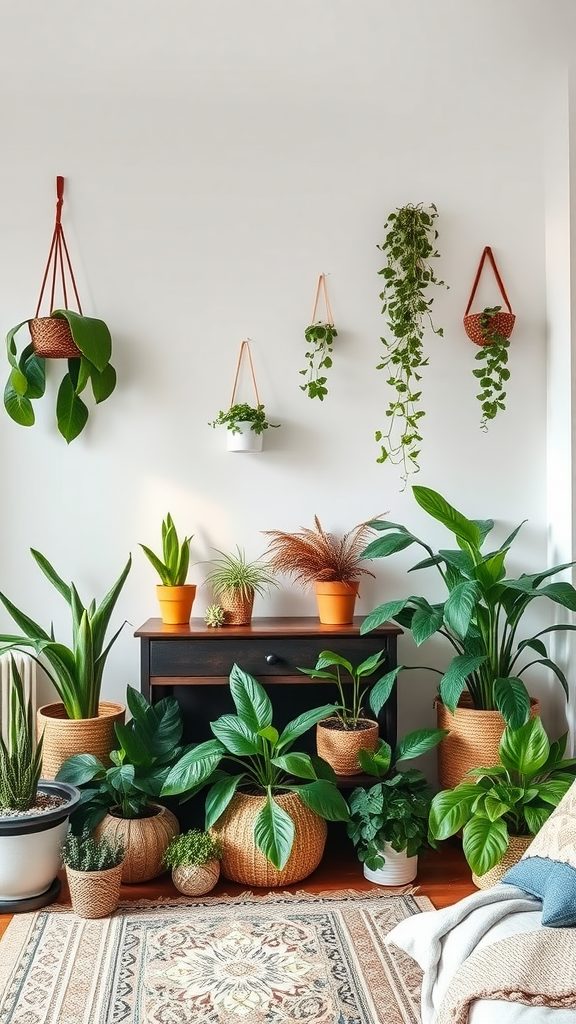 A corner of a room filled with various indoor plants in pots and hanging planters, showcasing a vibrant and fresh look.