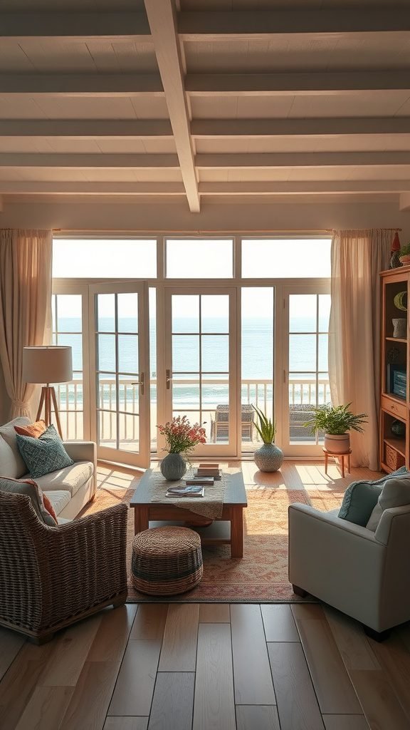 A bright coastal living room with soft furniture, large windows, and a view of the ocean.