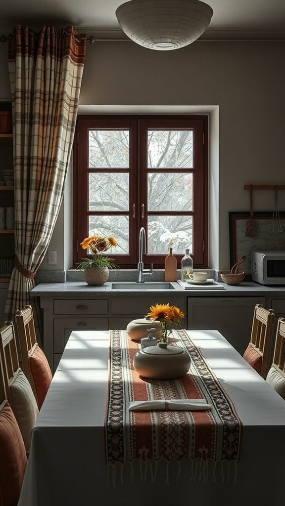 A cozy kitchen with a table set for a meal, featuring patterned textiles and natural light.