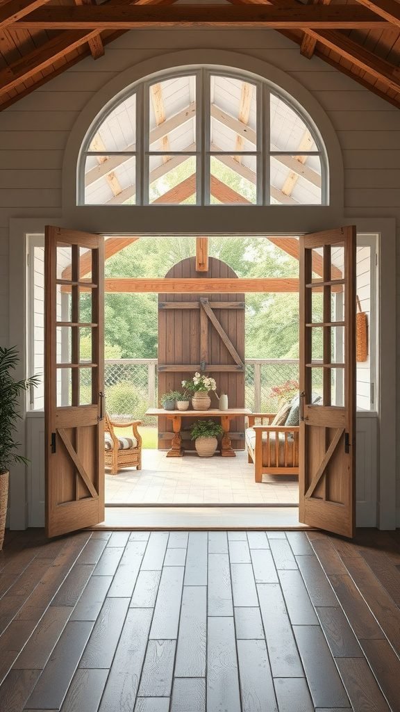 A farmhouse living room with large open doors leading to an outdoor seating area.