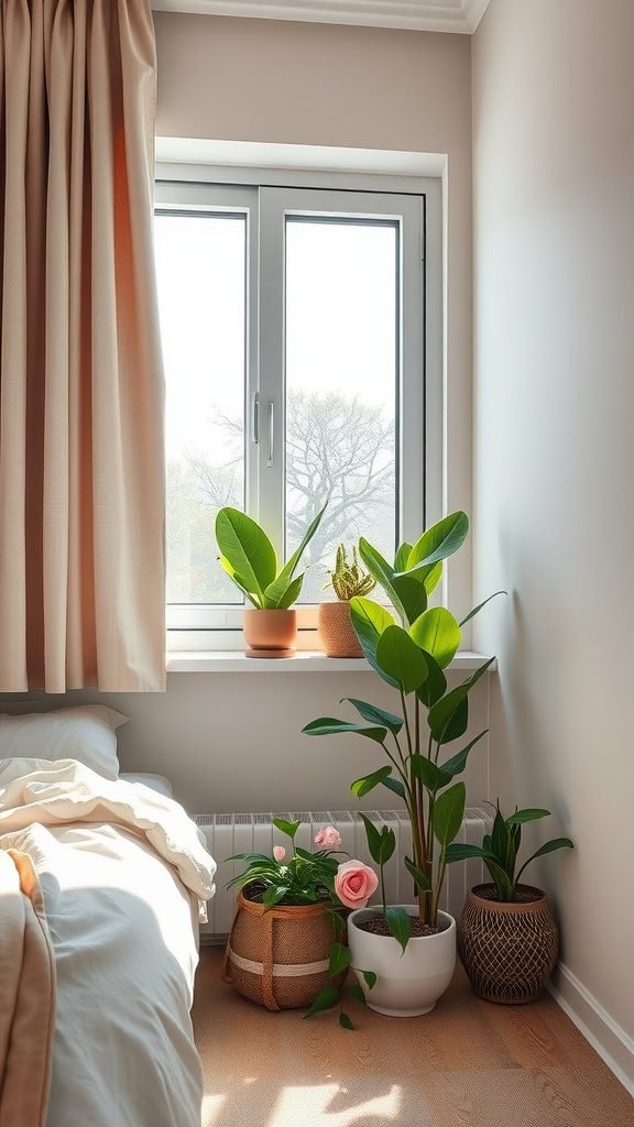 Cozy corner in a dark earthy bedroom with various indoor plants by the window.