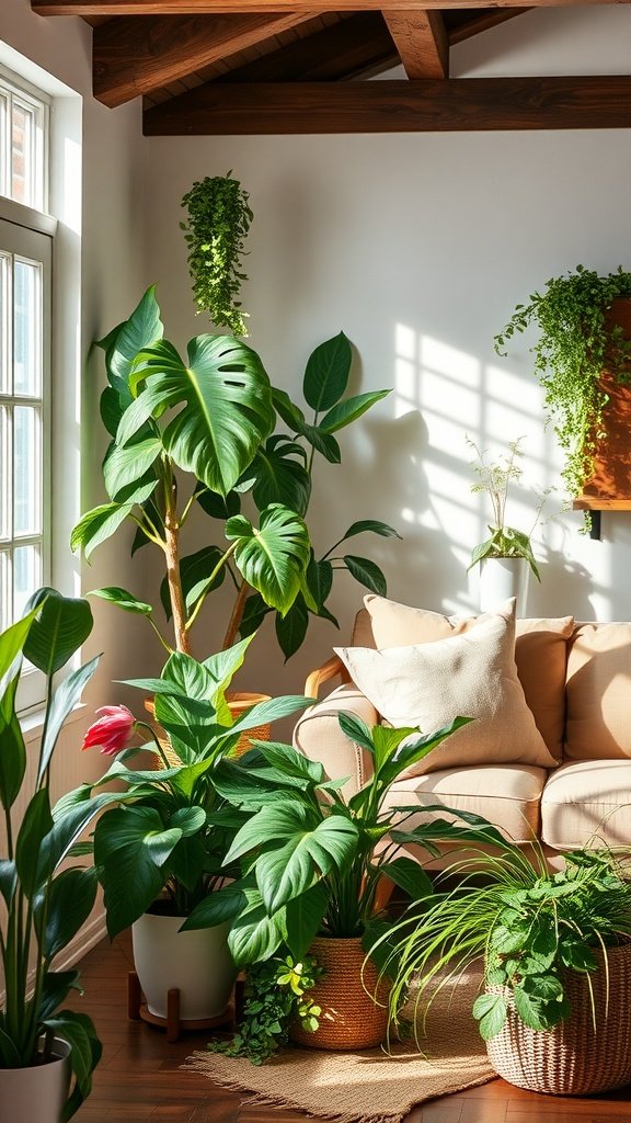 A cozy farmhouse living room with various indoor plants around a soft sofa.