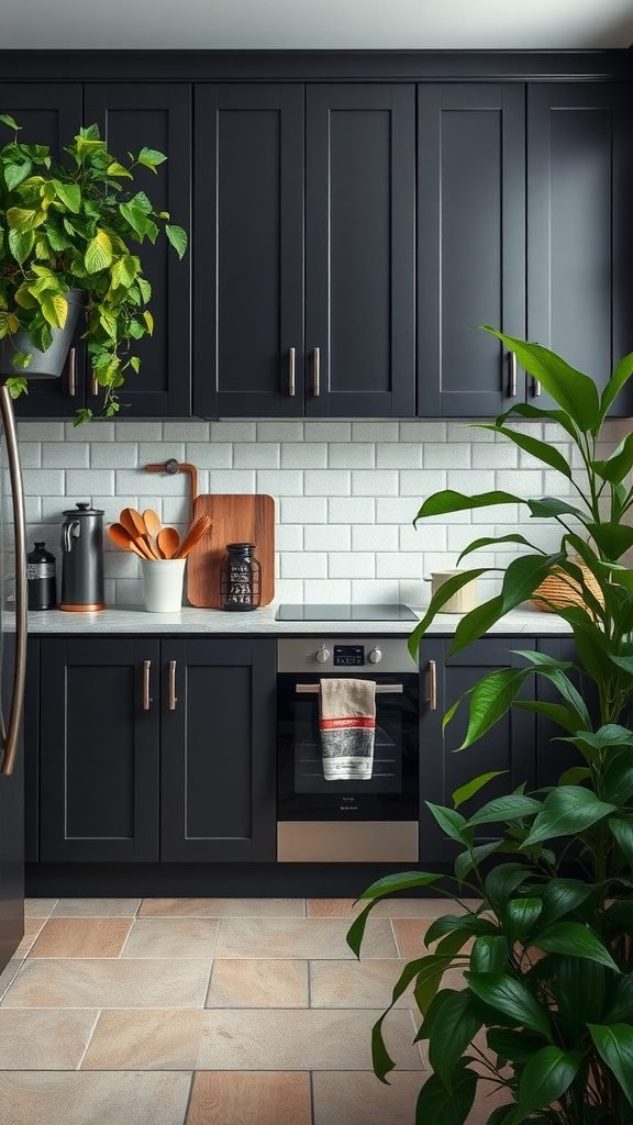 A modern kitchen with dark cabinets and indoor plants, showcasing a moody atmosphere.