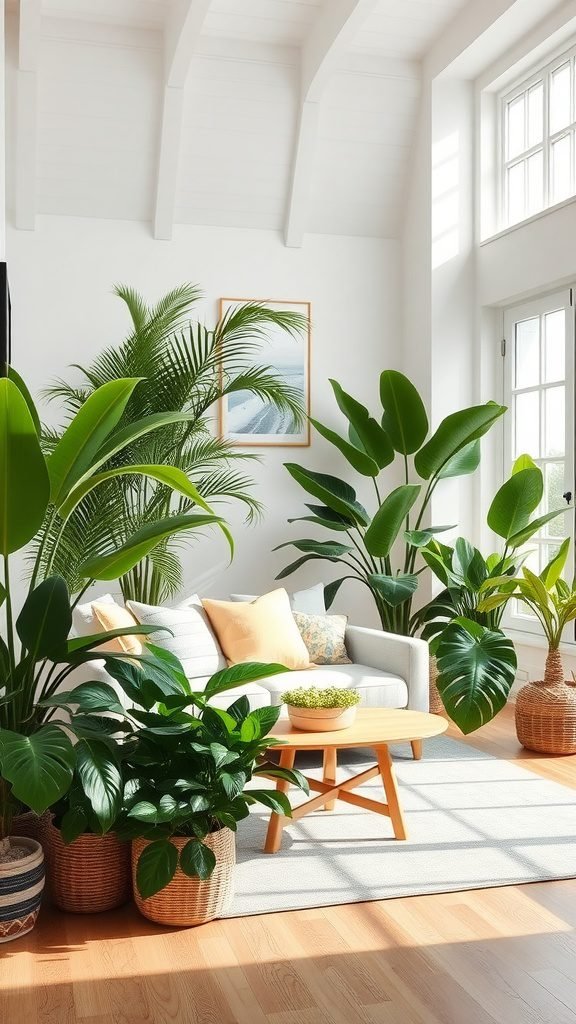 A coastal living room with various indoor plants, a white couch, and natural light.