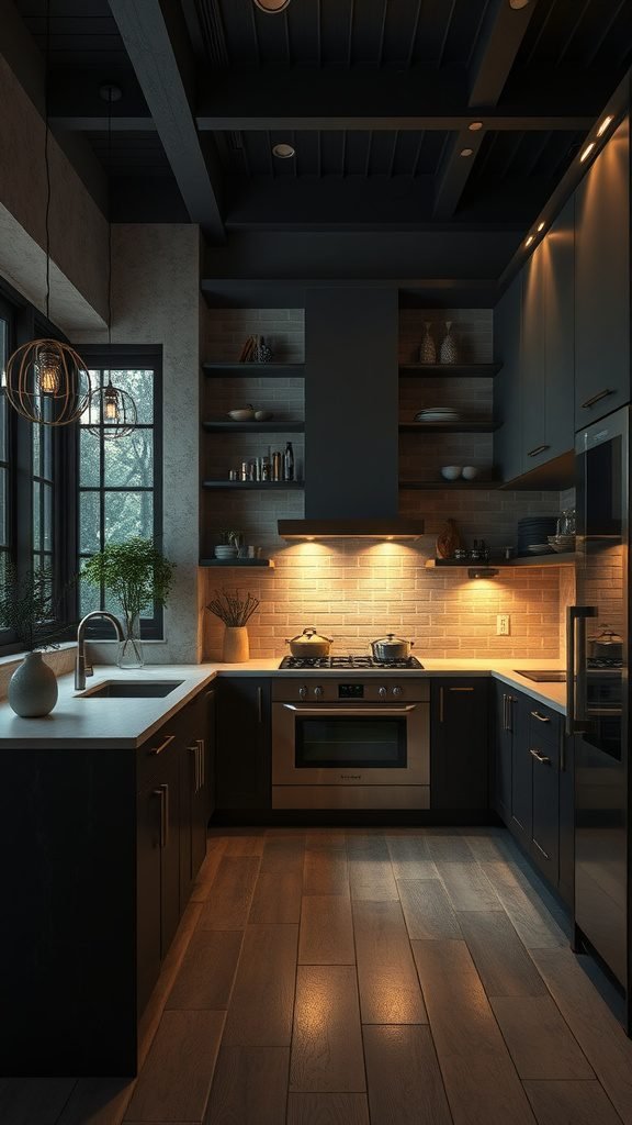 A stylish kitchen with moody lighting, featuring dark cabinetry, pendant lights, and warm under-cabinet lighting.