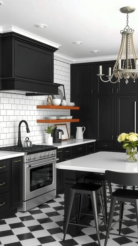 A black and white kitchen featuring black cabinets, white tile backsplash, and a modern chandelier.