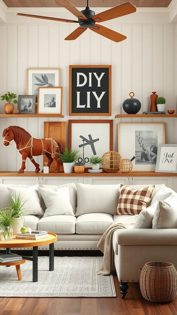 A cozy farmhouse living room with a light sofa, wooden decor, and a bold DIY sign.