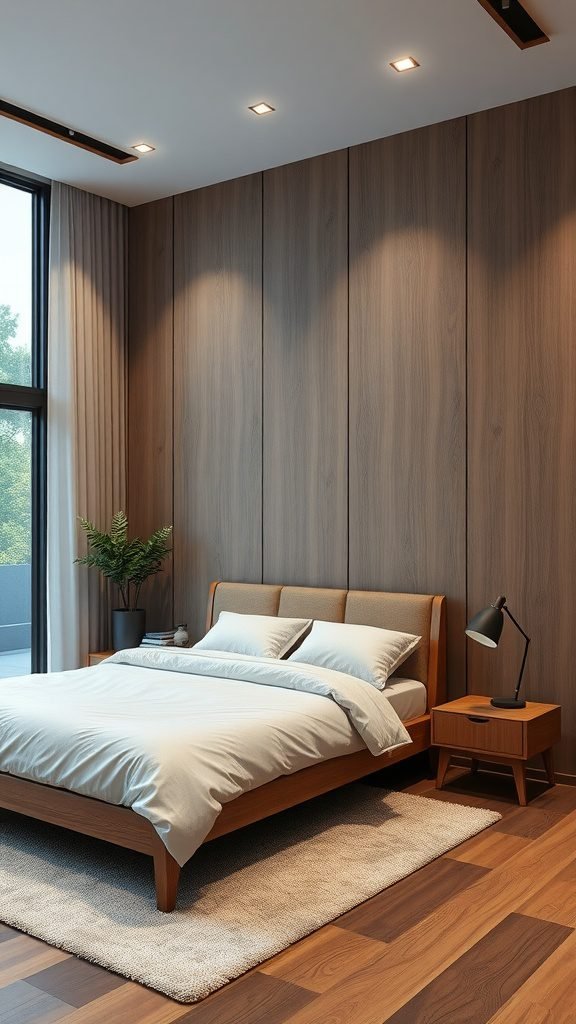A modern dark earthy bedroom featuring wooden walls, a cozy bed, and integrated lighting.